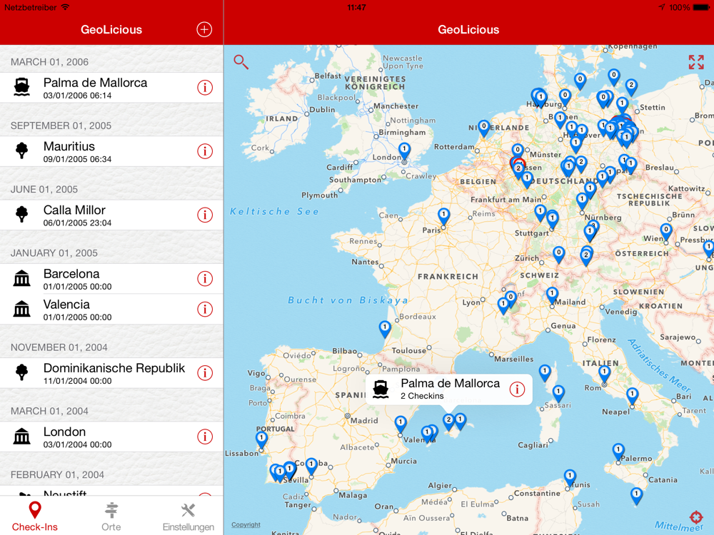 Karte mit früheren Check-Ins