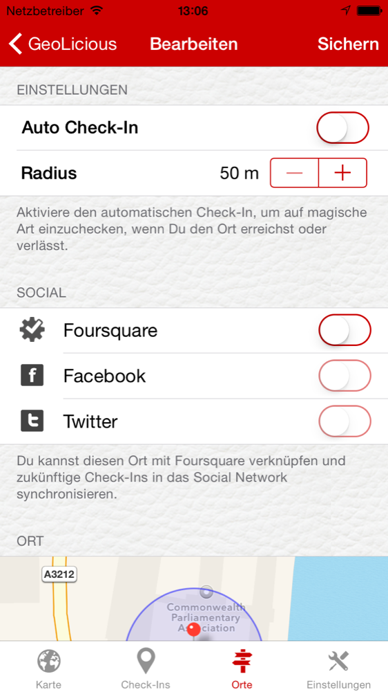 Einstellungen für Orte